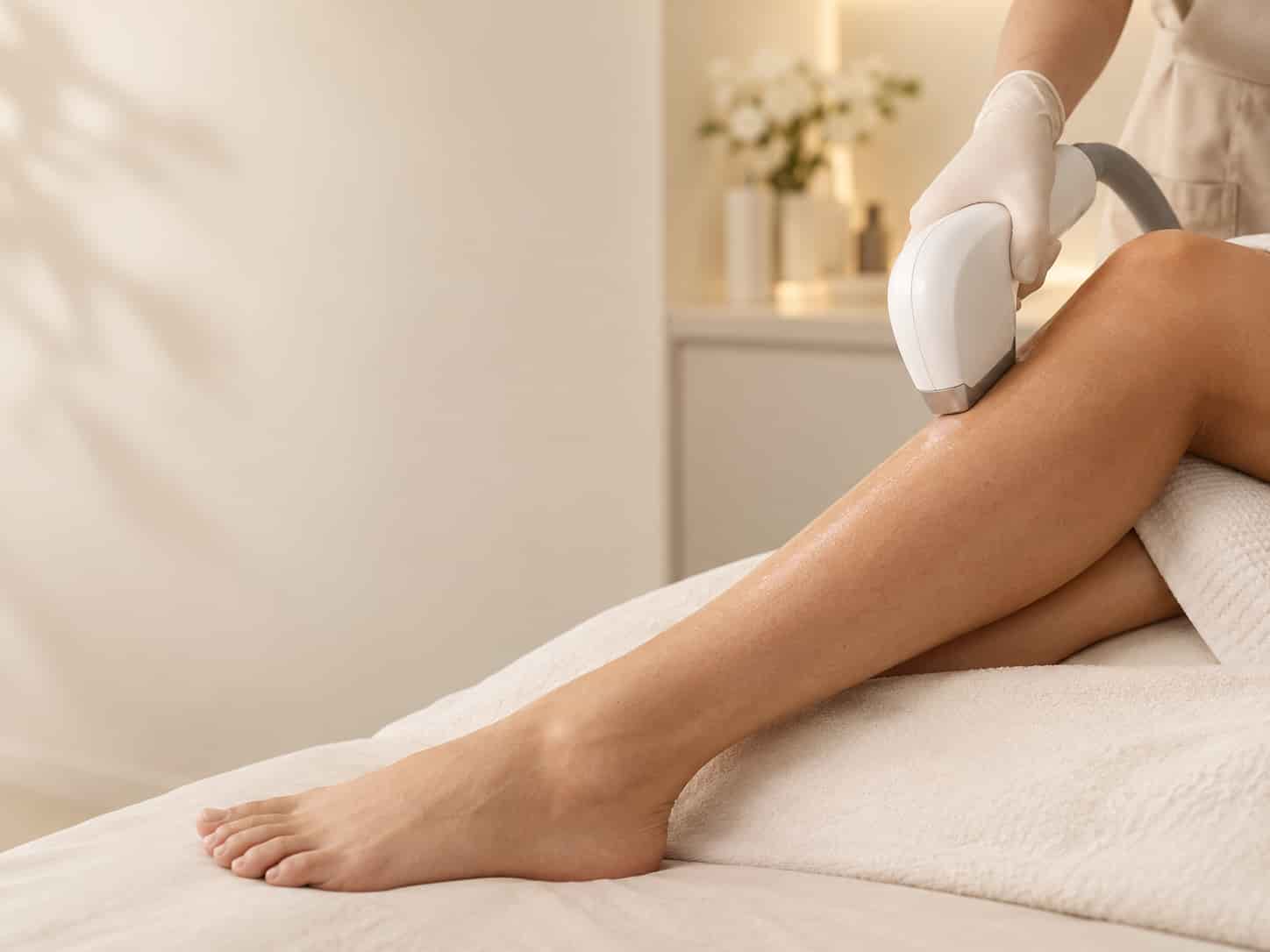 Laser hair removal treatment on a client's leg
